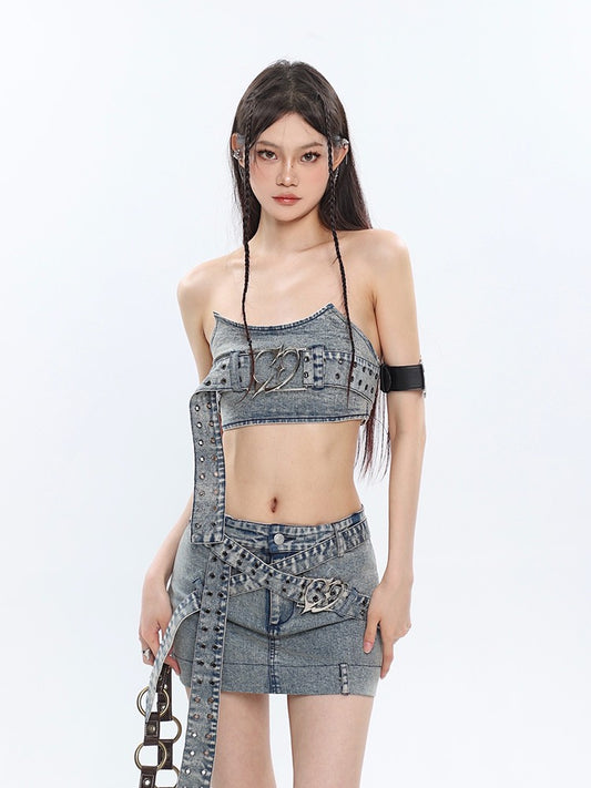 Buckled Denim Mini Skirt
