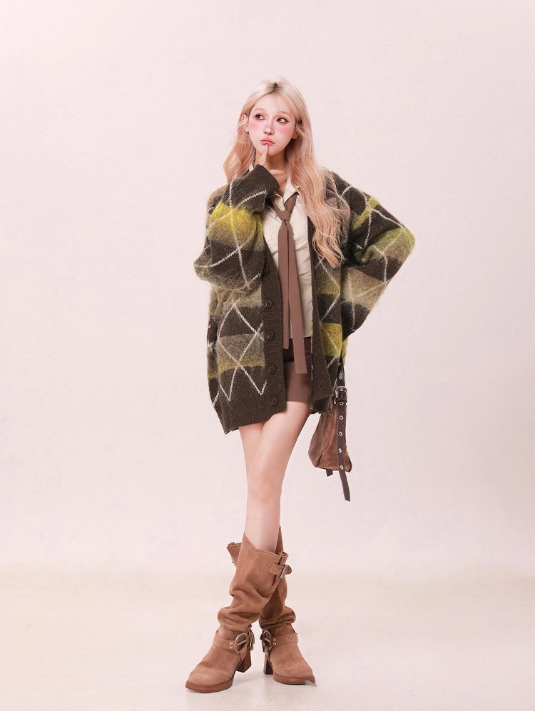 Moss Argyle Oversized Sweater Cardigan