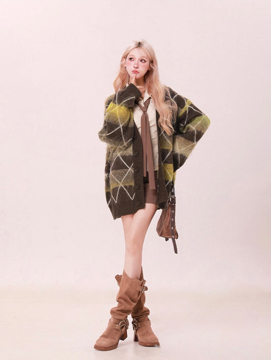 Moss Argyle Oversized Sweater Cardigan
