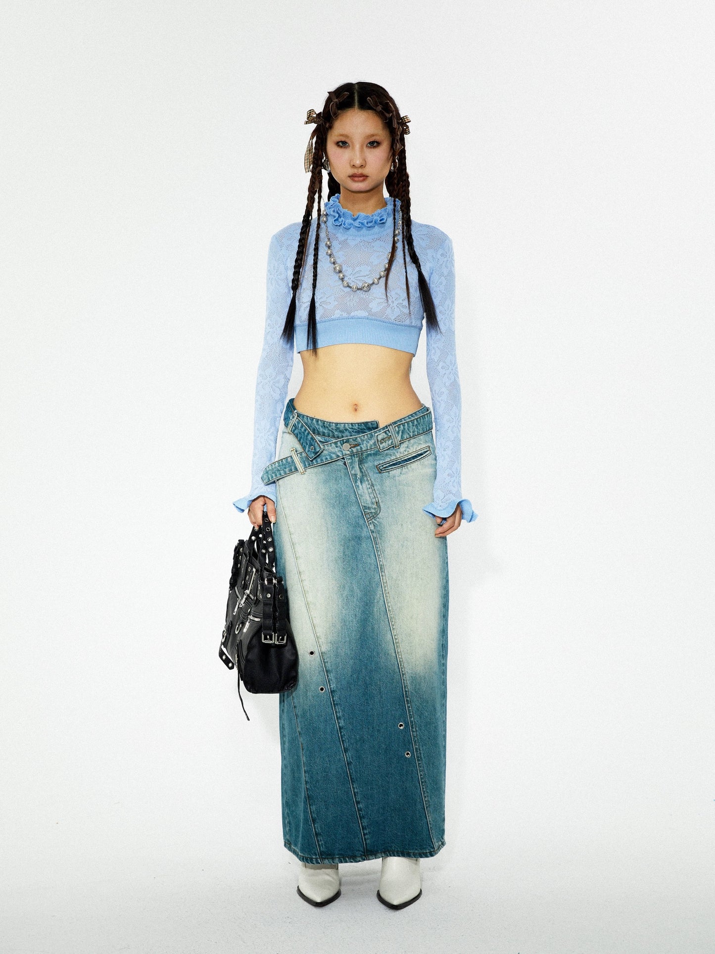 Asymmetric Belted Denim Skirt