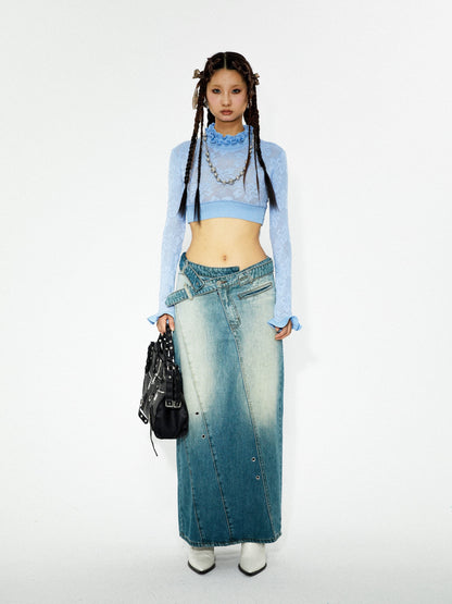 Asymmetric Belted Denim Skirt