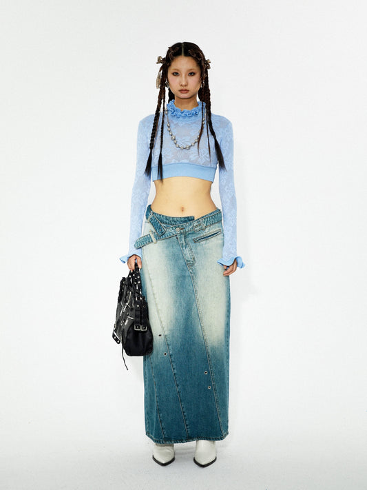 Asymmetric Belted Denim Skirt