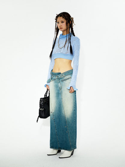 Asymmetric Belted Denim Skirt