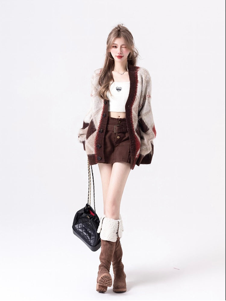 Coffee & Brown Argyle Sweater Cardigan