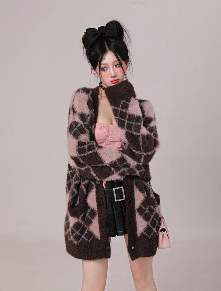 Chocolate & Pink Oversized Argyle Sweater Cardigan
