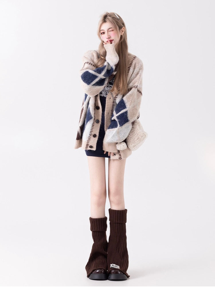 Coffee & Navy Oversized Argyle Sweater Cardigan