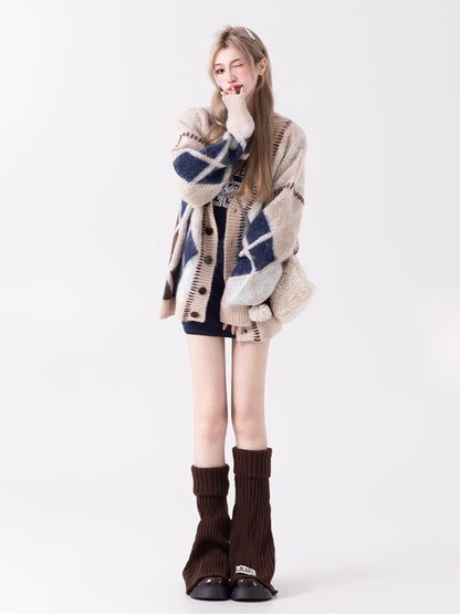 Coffee & Navy Oversized Argyle Sweater Cardigan