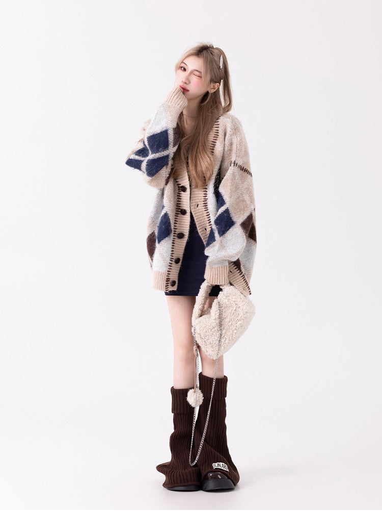 Coffee & Navy Oversized Argyle Sweater Cardigan