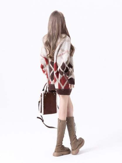 Coffee & Brown Argyle Sweater Cardigan