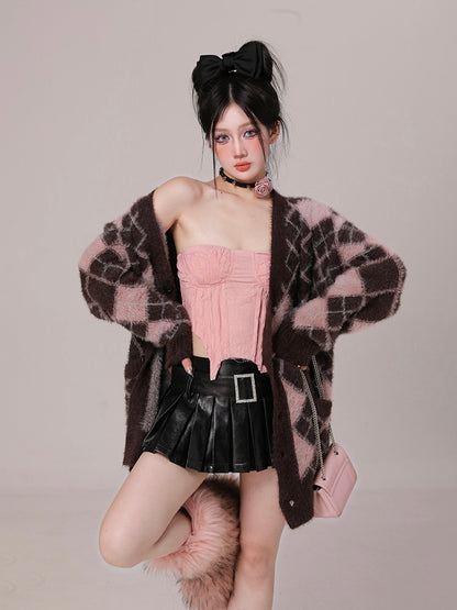 Chocolate & Pink Oversized Argyle Sweater Cardigan