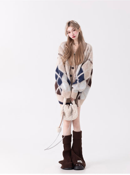 Coffee & Navy Oversized Argyle Sweater Cardigan