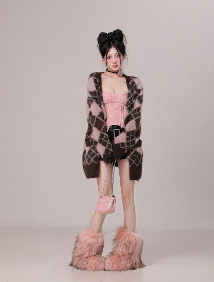 Chocolate & Pink Oversized Argyle Sweater Cardigan