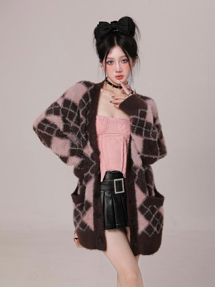 Chocolate & Pink Oversized Argyle Sweater Cardigan