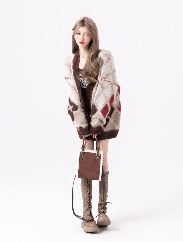 Coffee & Brown Argyle Sweater Cardigan