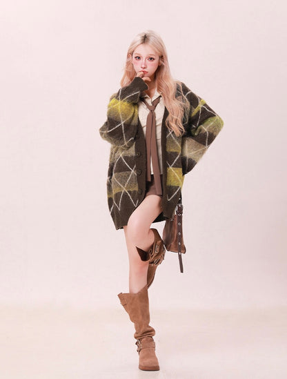 Moss Argyle Oversized Sweater Cardigan