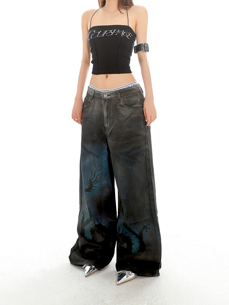 Graffiti Dragon Wide Leg Denim Jeans