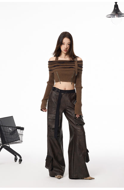 Wide Leg Faux Leather 3D Pocket Pants