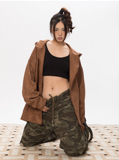 Asymmetric Zipper Faux Suede Hoodie