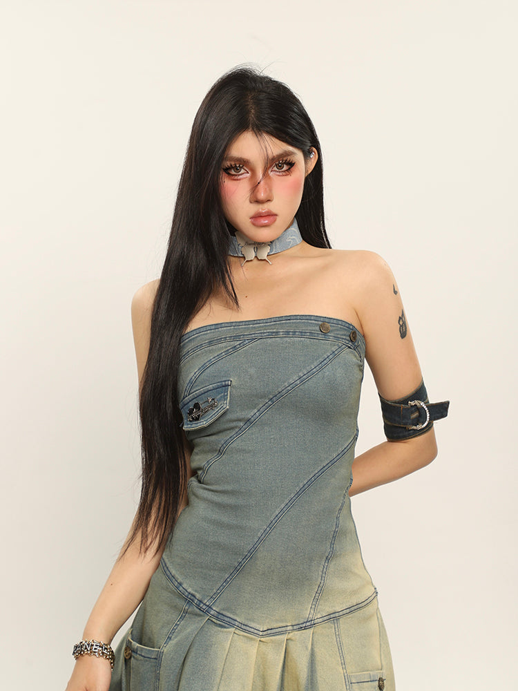 Denim Gradient Pleated Strapless Dress