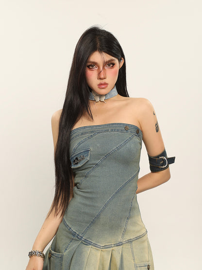 Denim Gradient Pleated Strapless Dress