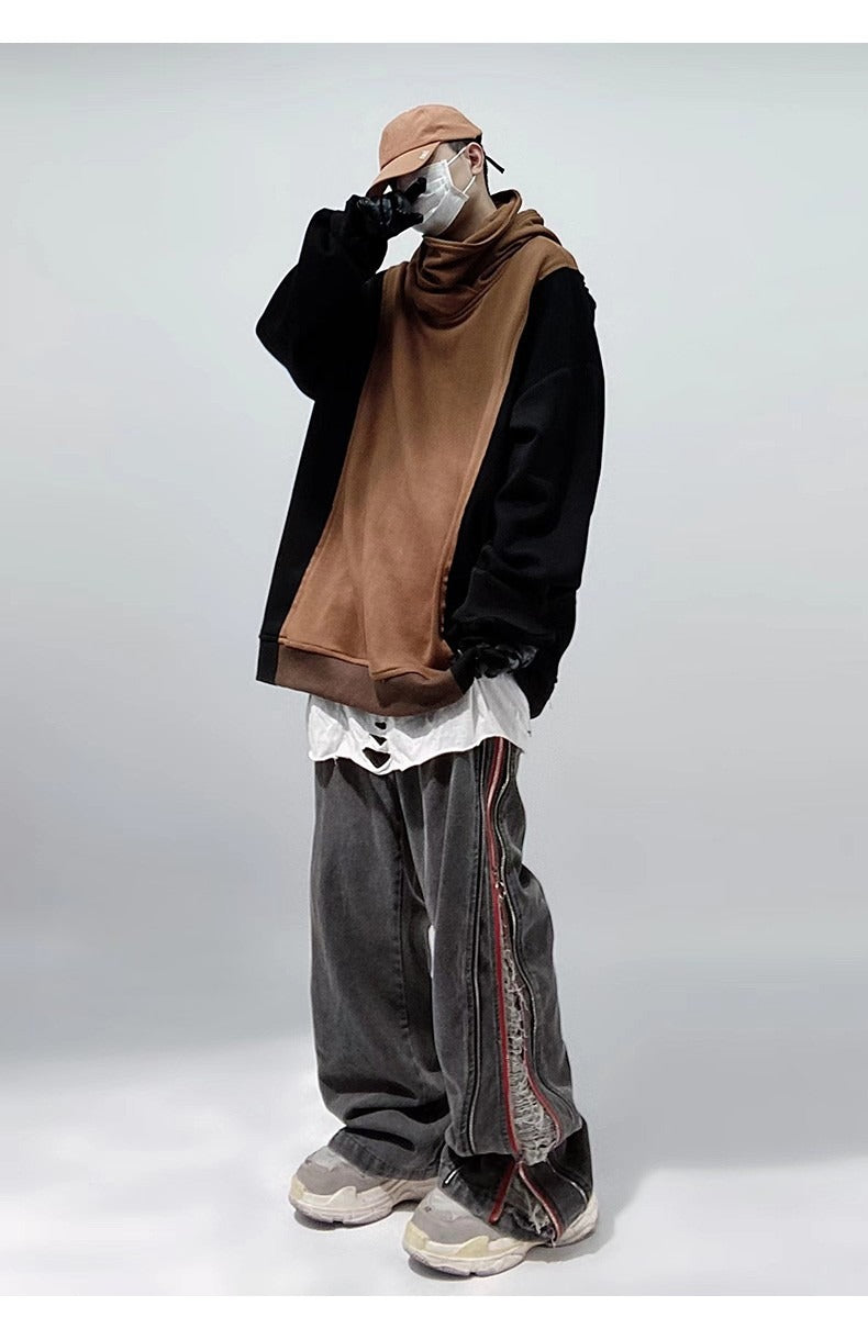 Side Slit Zipper Shredded Wide Leg Loose Fit Jeans