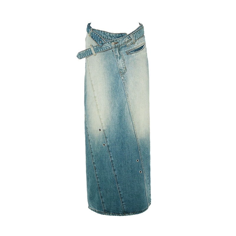 Asymmetric Belted Denim Skirt