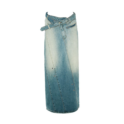 Asymmetric Belted Denim Skirt