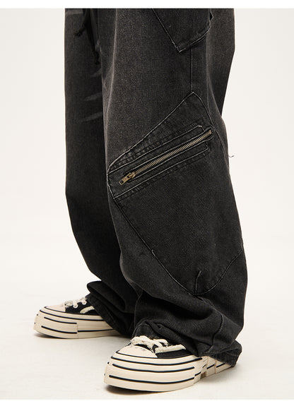 Distressed Drawstring Wide Leg Cargo Jeans