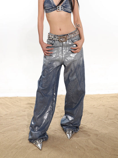 Coated Gradient Baggy Wide Leg Jeans