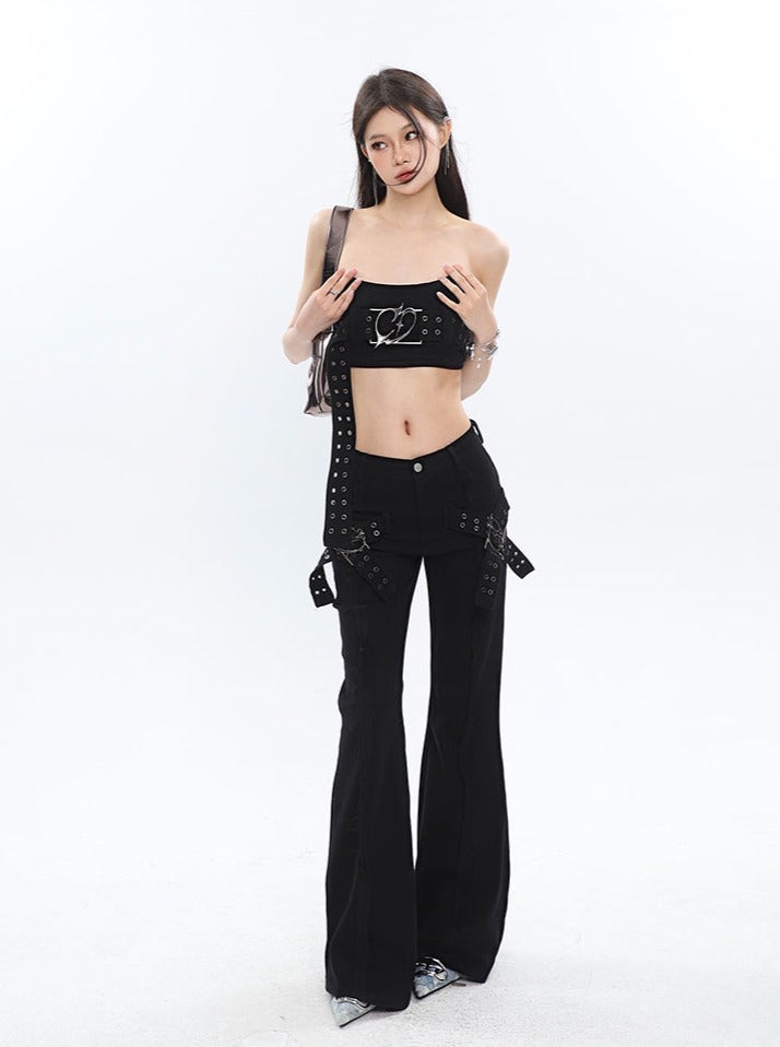 Cross Buckle Flared Jeans