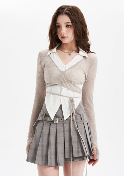 Belted Gray Plaid Skirt