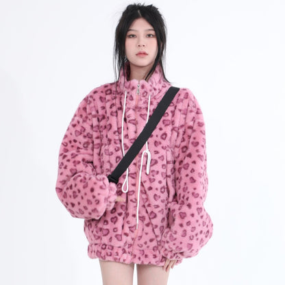 Pink Leopard Plush Fleece Jacket