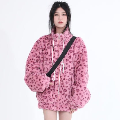 Pink Leopard Plush Fleece Jacket