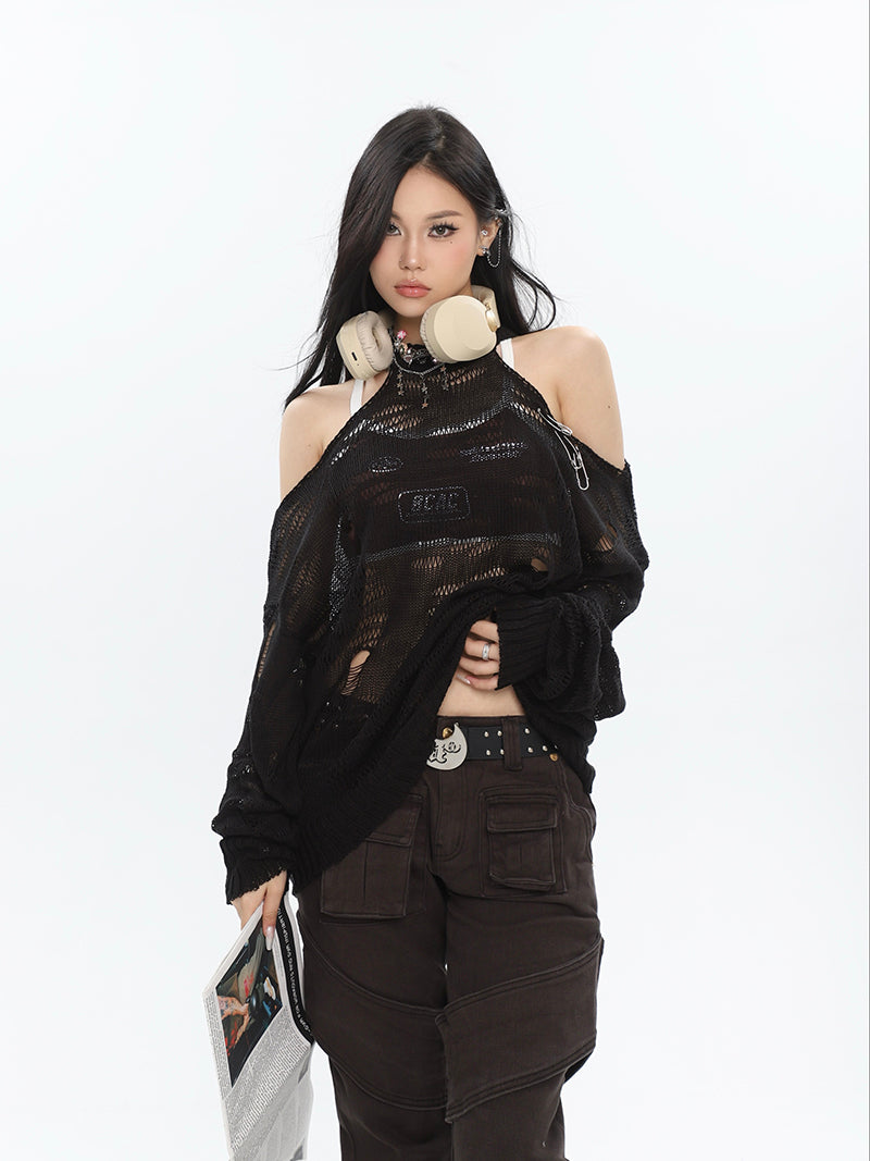 Destroyed Knit Shoulder Cutout Sweater