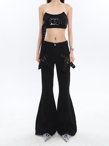 Cross Buckle Flared Jeans