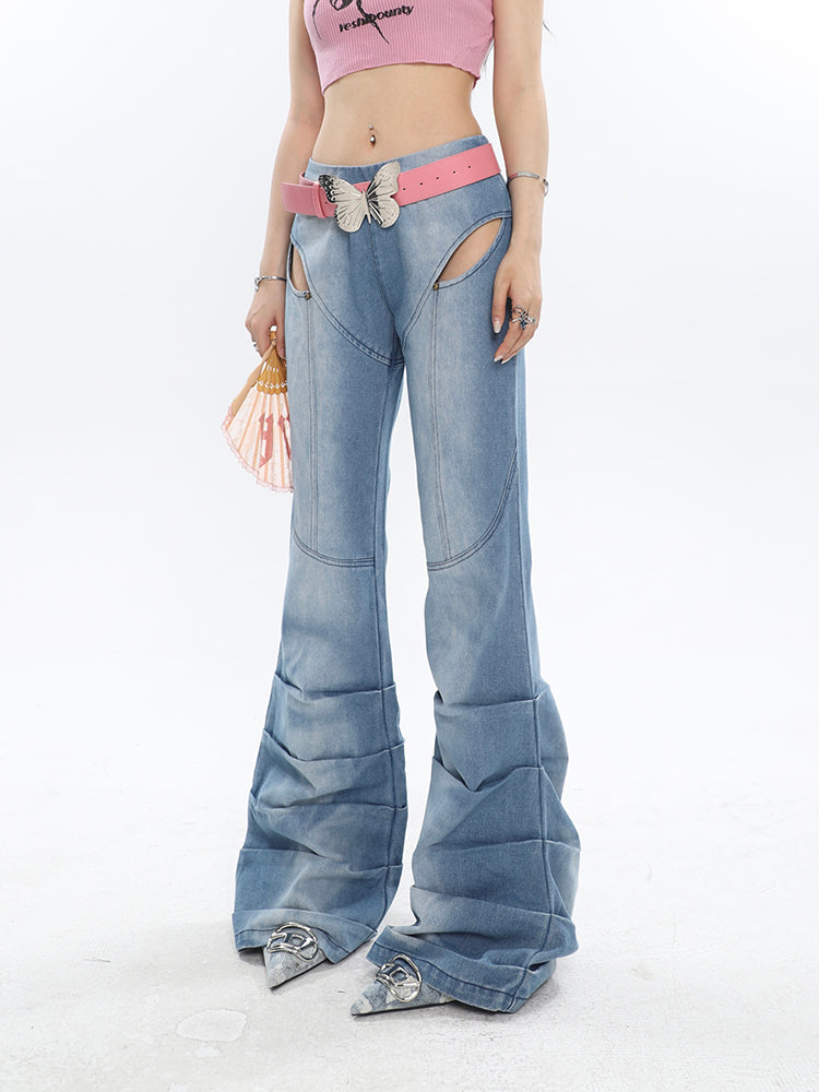 Cutout Pleated Flared Jeans