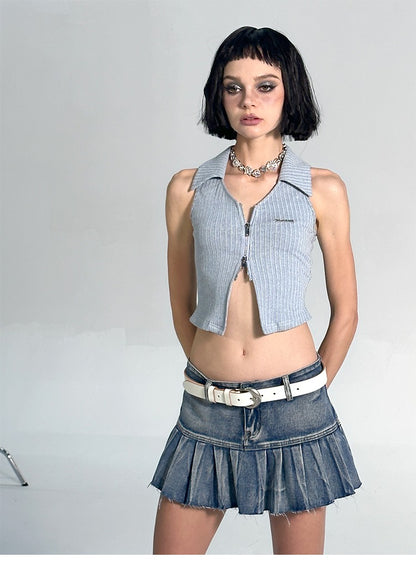 Ribbed Collared Polo Zip Sleeveless Top
