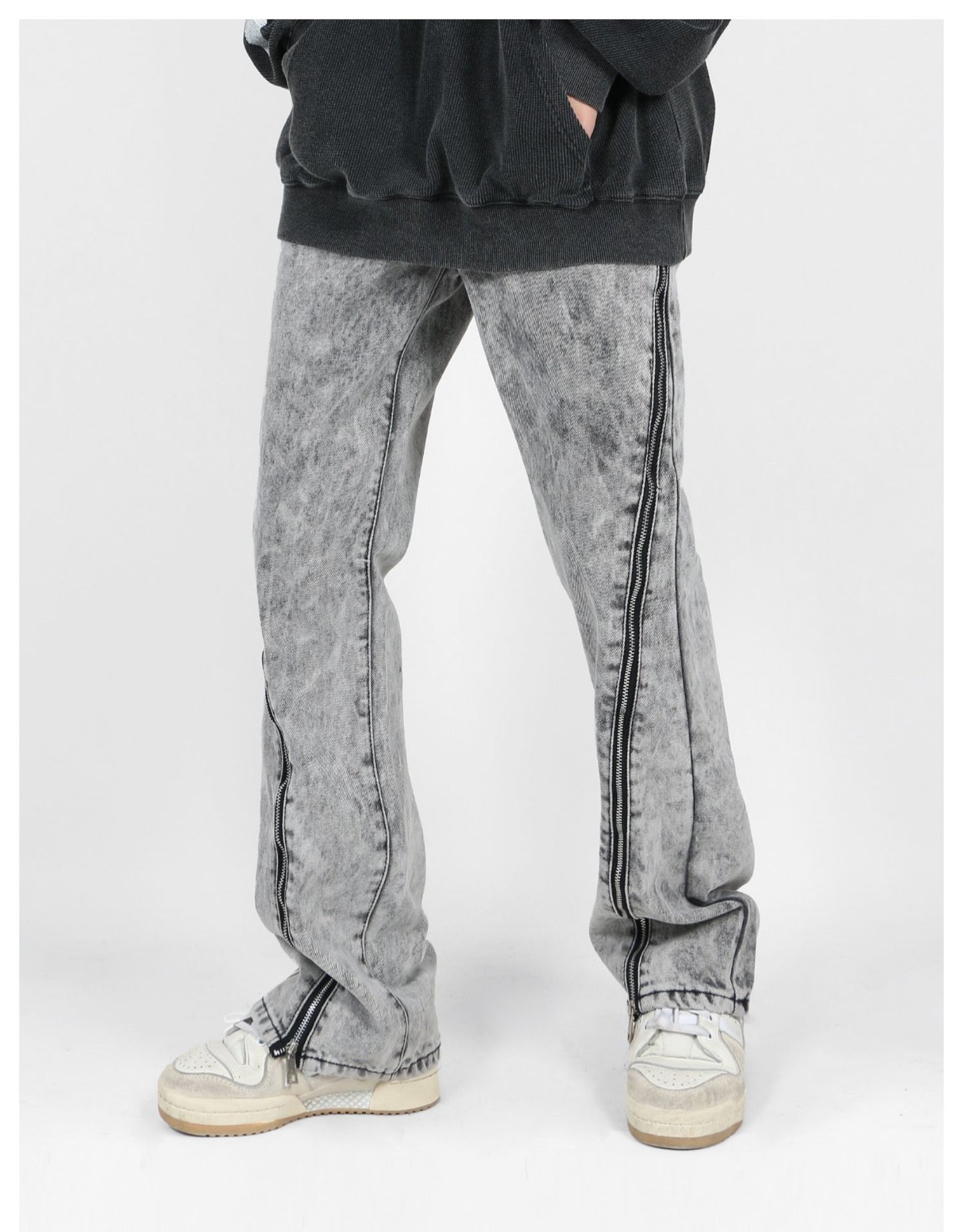 Side Zipper Acid Washed Jeans