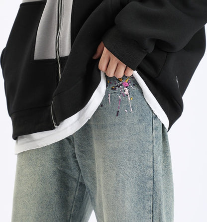 Paint Splash Embroidered Straight Leg Jeans