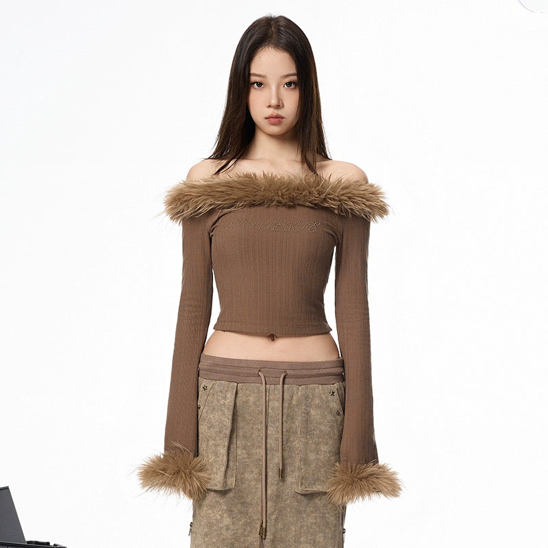 Off-Shoulder Fur-Trimmed Ribbed Top