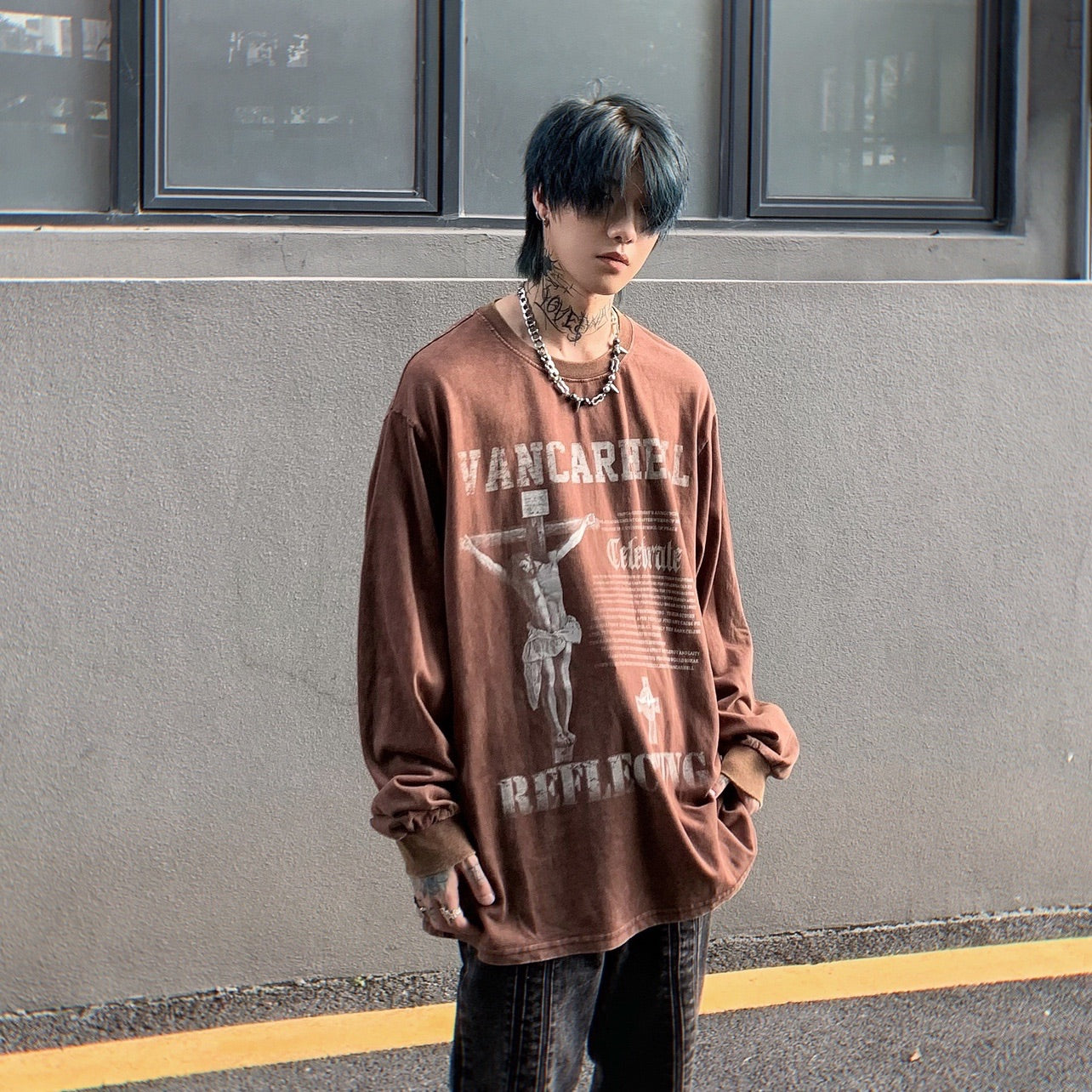 Streetwear Grunge Crucified Graphic Long Sleeve Shirt