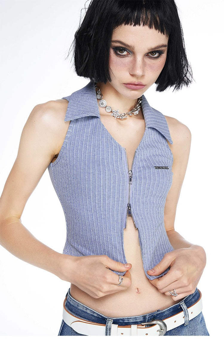 Ribbed Collared Polo Zip Sleeveless Top