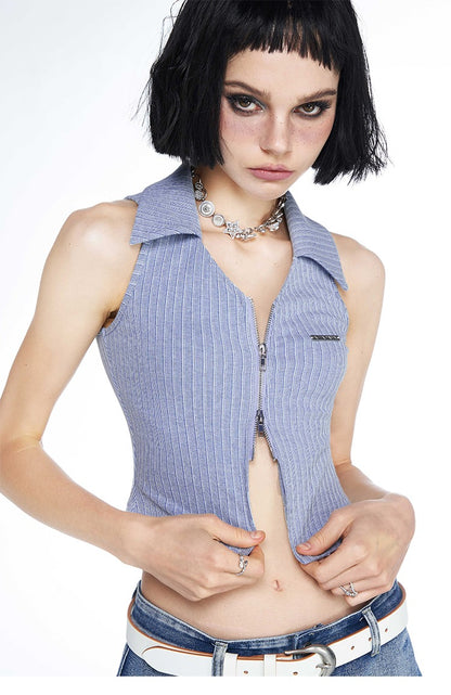 Ribbed Collared Polo Zip Sleeveless Top