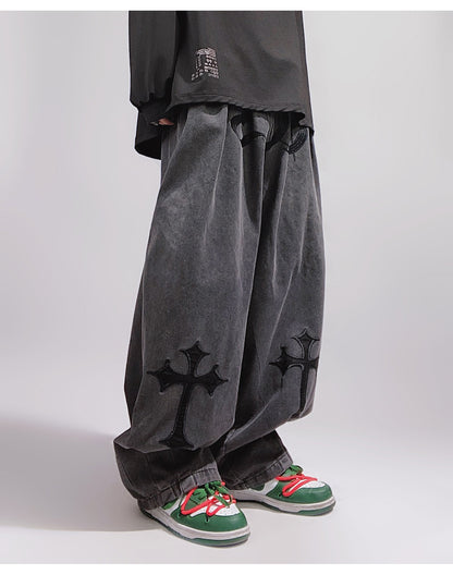 Crosses Wide Leg Baggy Faded Jeans