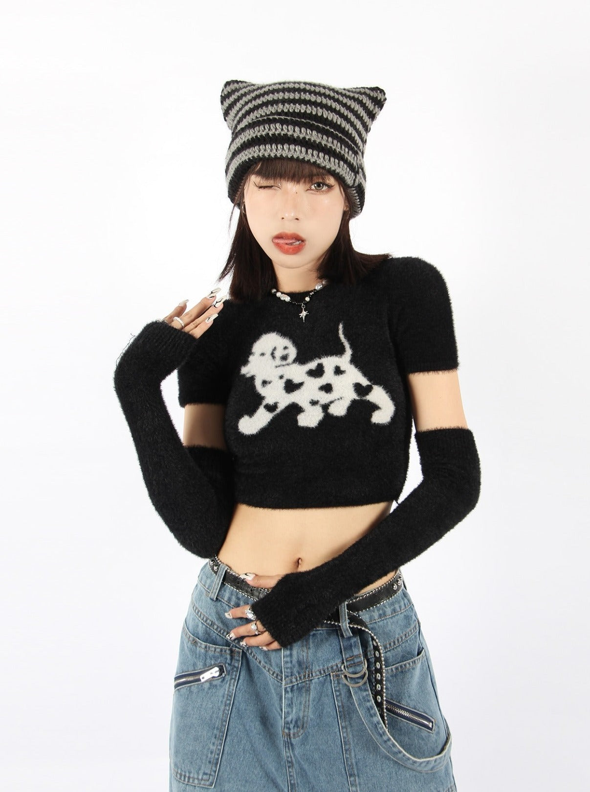 Dalmatian Knit Crop Top with Sleeves
