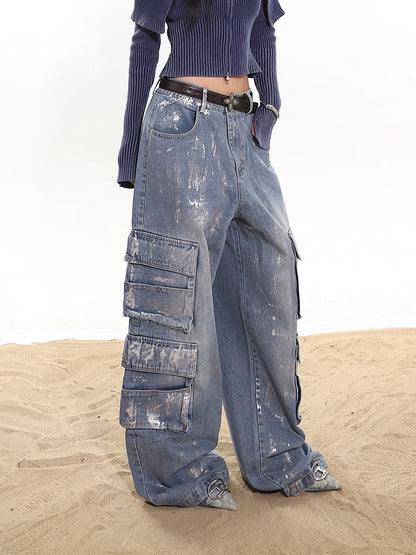 Paint Splatter Wide Leg Cargo Denim Pants