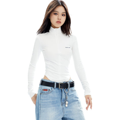 High Neck Half Zip Long Sleeve Top