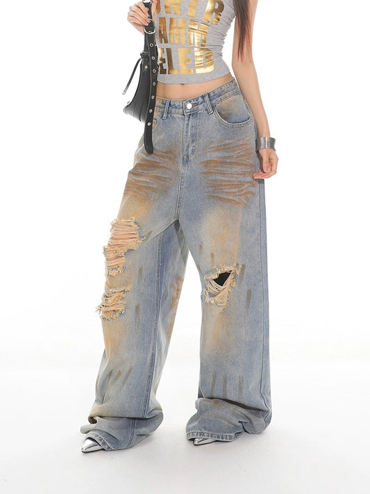 Distressed Rust Wash Ripped Wide-Leg Jeans