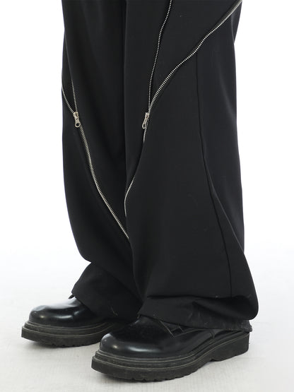 Diagonal Zipper  Black Wide Leg Pants