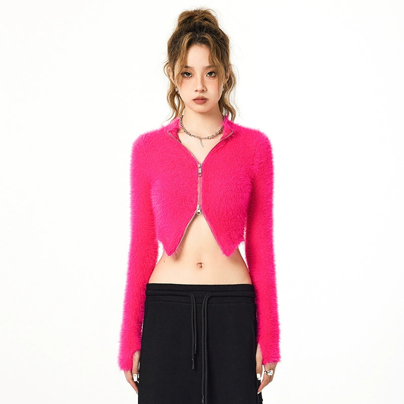 Double Zip Cropped Fuzzy Cardigan